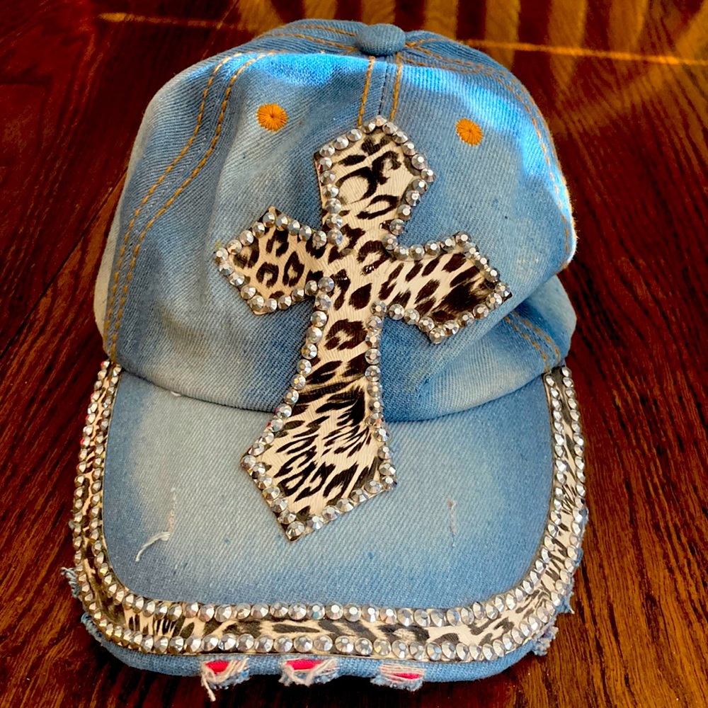 Blinged Denim Black and White Cross ball cap.